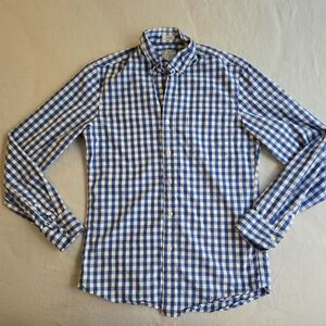 J. Crew Secret Wash Blue White Checkered Gingham Slim Stretch Cotton Button Down